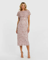 Pink Cap Sleeve Sheath Midi Dress With Floral Beading